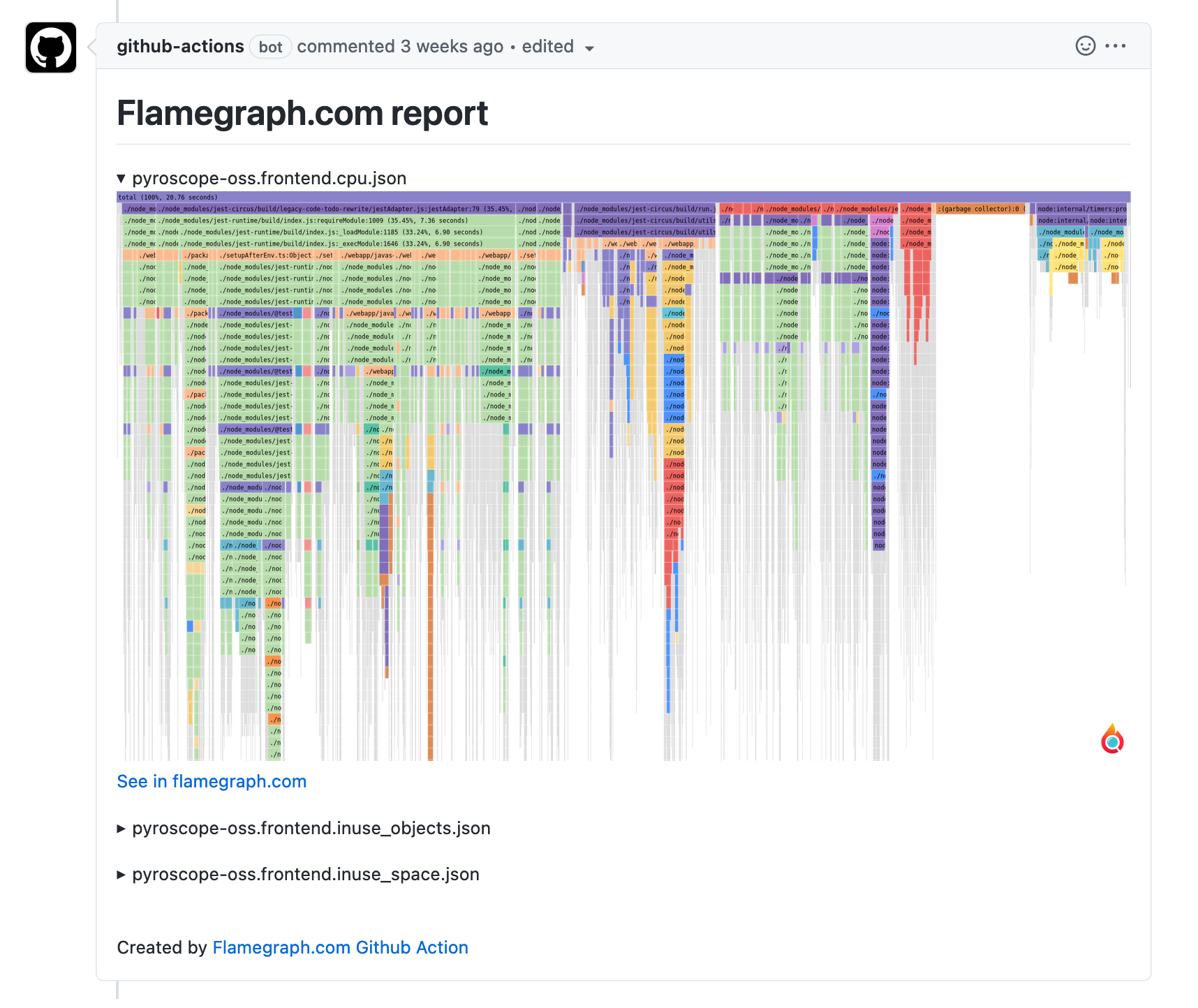 Screenshot of a Flamegraph being posted as a PR comment via the Flamegraph.com Github Action